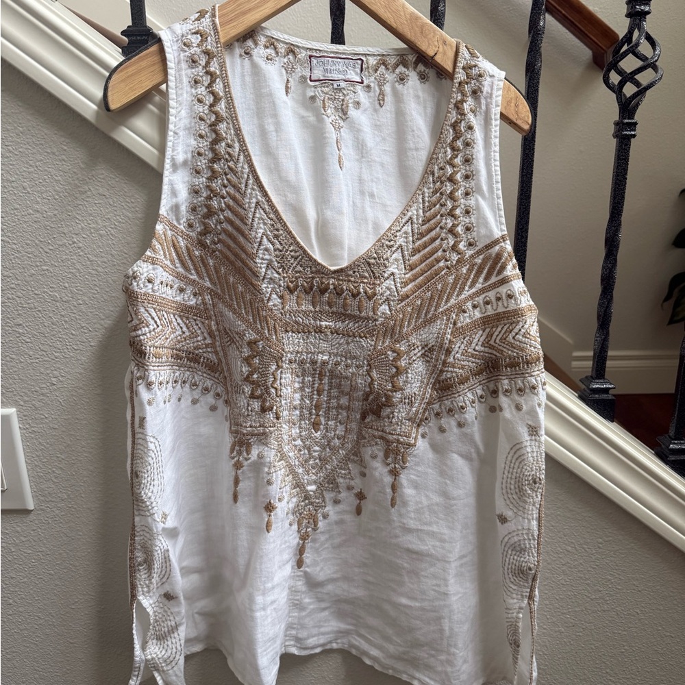Johnny Was White and Brown Embroidered Tank Top